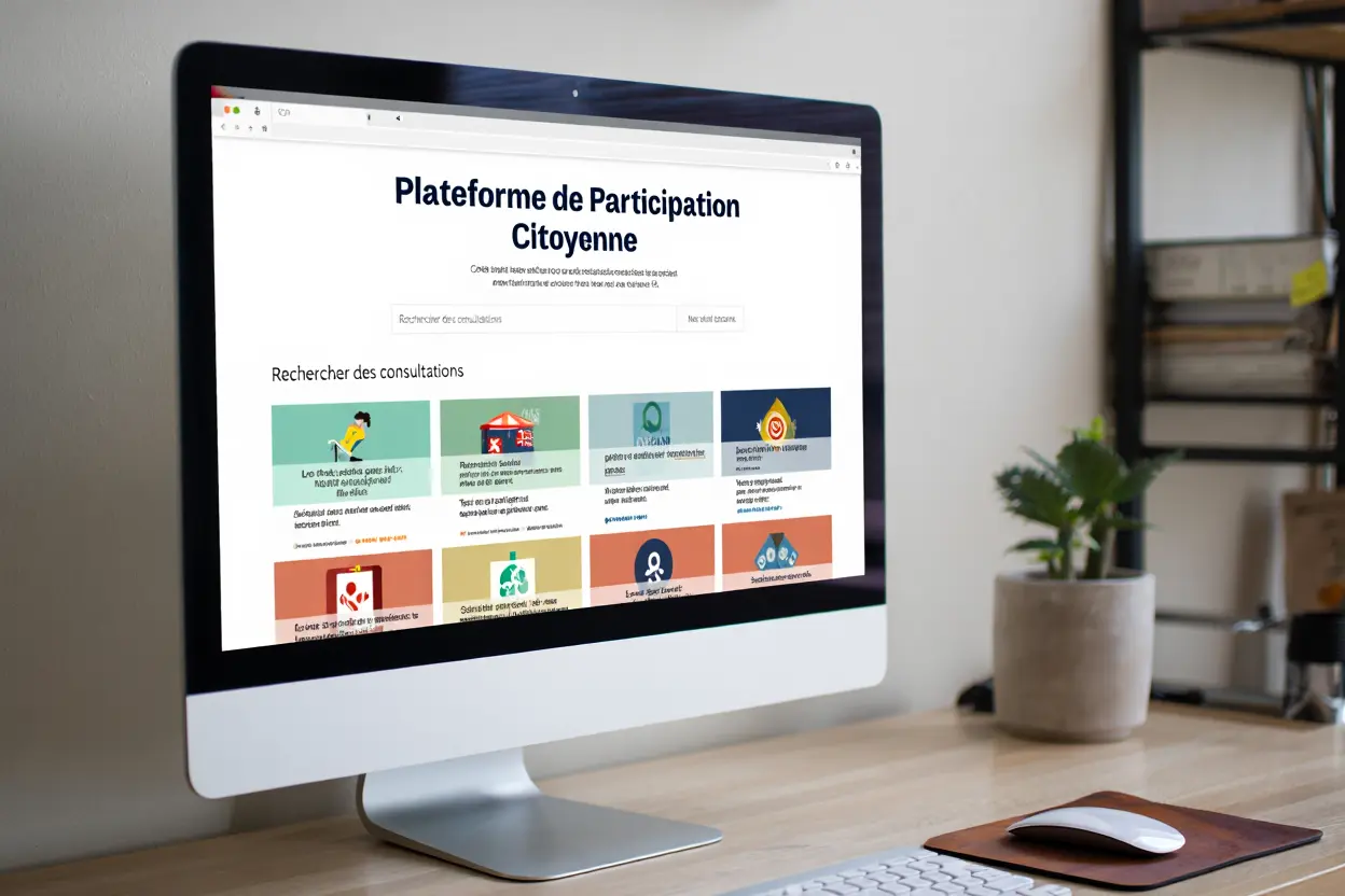 Interface numérique d'une plateforme de participation citoyenne avec questionnaires et budget participatif